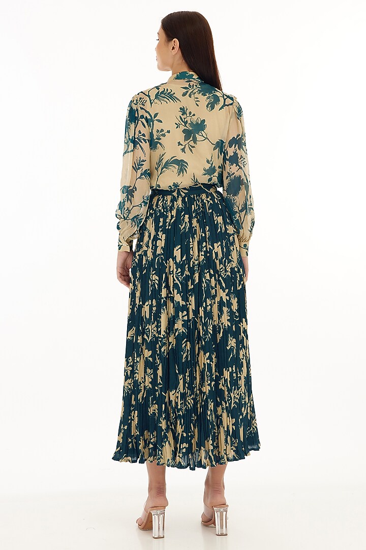 Cream & Teal Chiffon Floral Printed Frilled Top by Koai at Pernia's Pop Up Shop