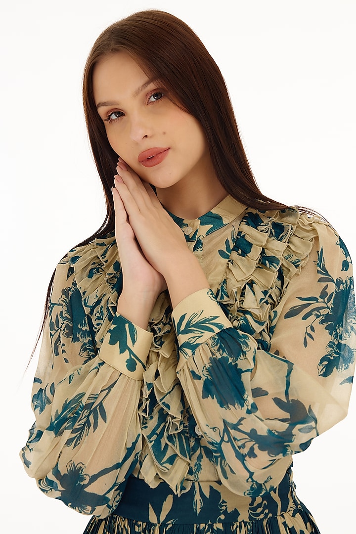 Cream & Teal Chiffon Floral Printed Frilled Top by Koai at Pernia's Pop Up Shop