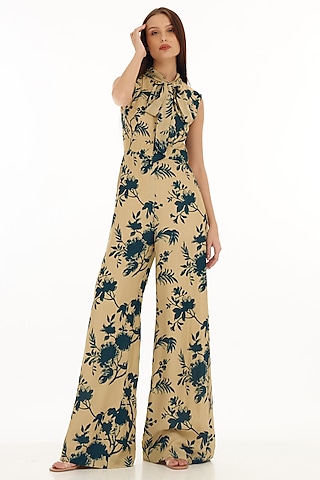 Cream & Teal Muslin Cotton Silk Printed Bow-Tie Jumpsuit by Koai