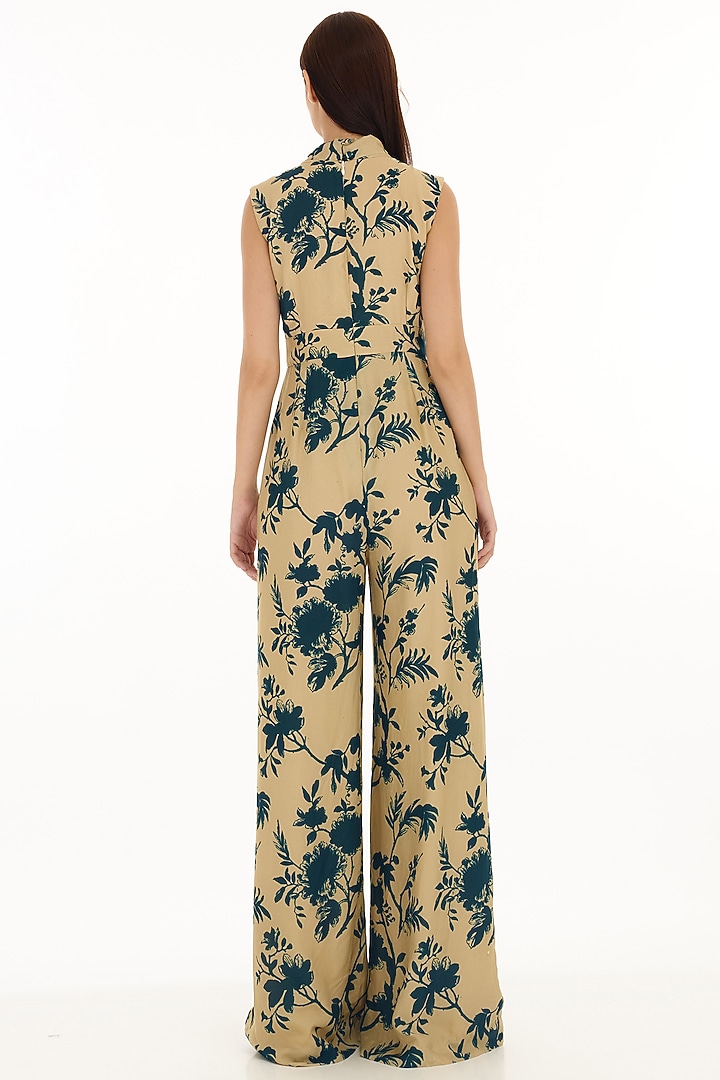 Cream & Teal Muslin Cotton Silk Printed Bow-Tie Jumpsuit by Koai at Pernia's Pop Up Shop