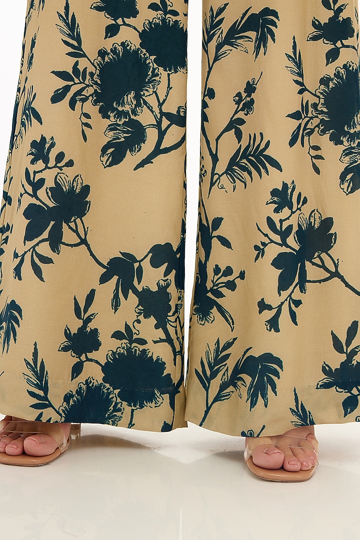 Cream & Teal Muslin Cotton Silk Printed Bow-Tie Jumpsuit by Koai at Pernia's Pop Up Shop