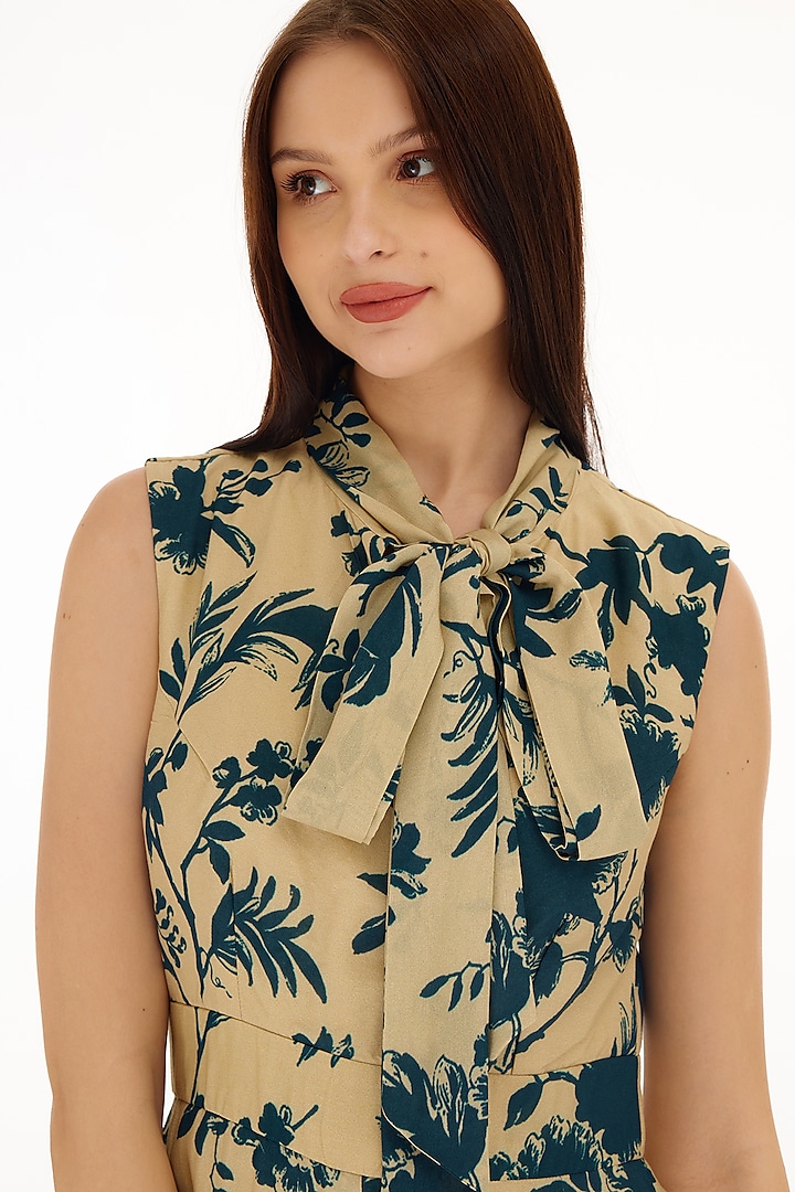 Cream & Teal Muslin Cotton Silk Printed Bow-Tie Jumpsuit by Koai at Pernia's Pop Up Shop