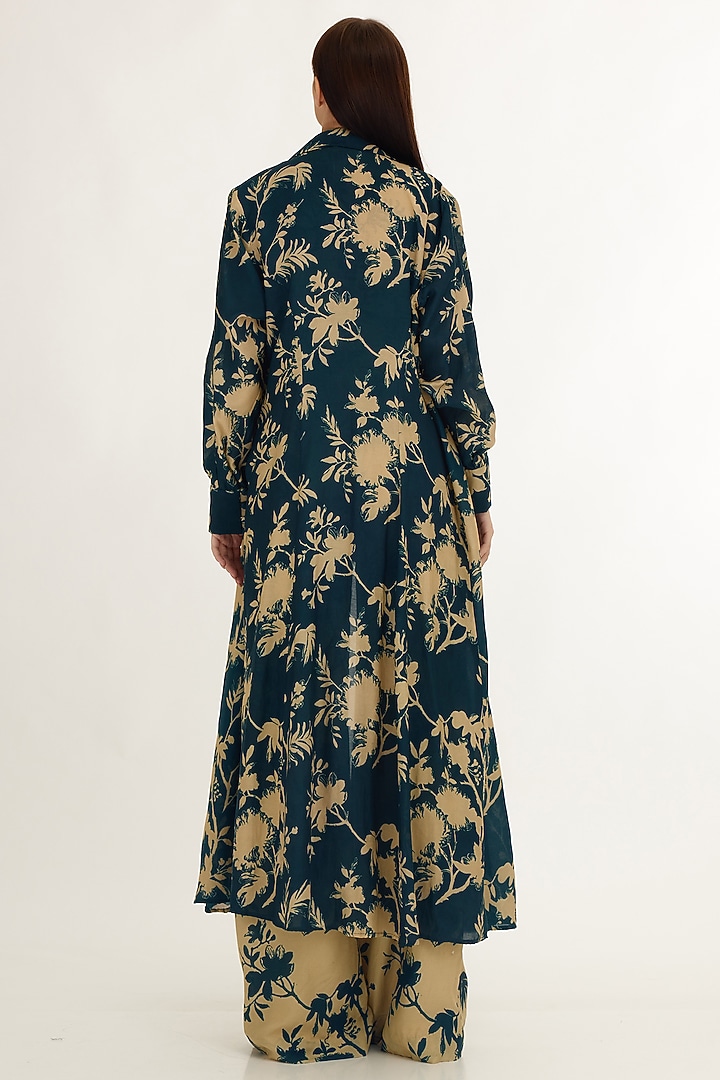 Teal & Cream Muslin Cotton Silk Floral Printed Cape by Koai at Pernia's Pop Up Shop
