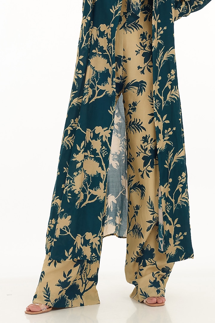 Teal & Cream Muslin Cotton Silk Floral Printed Cape by Koai at Pernia's Pop Up Shop