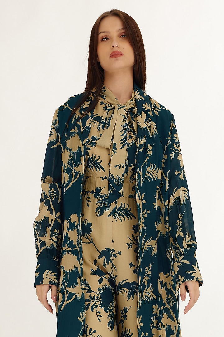 Teal & Cream Muslin Cotton Silk Floral Printed Cape by Koai at Pernia's Pop Up Shop