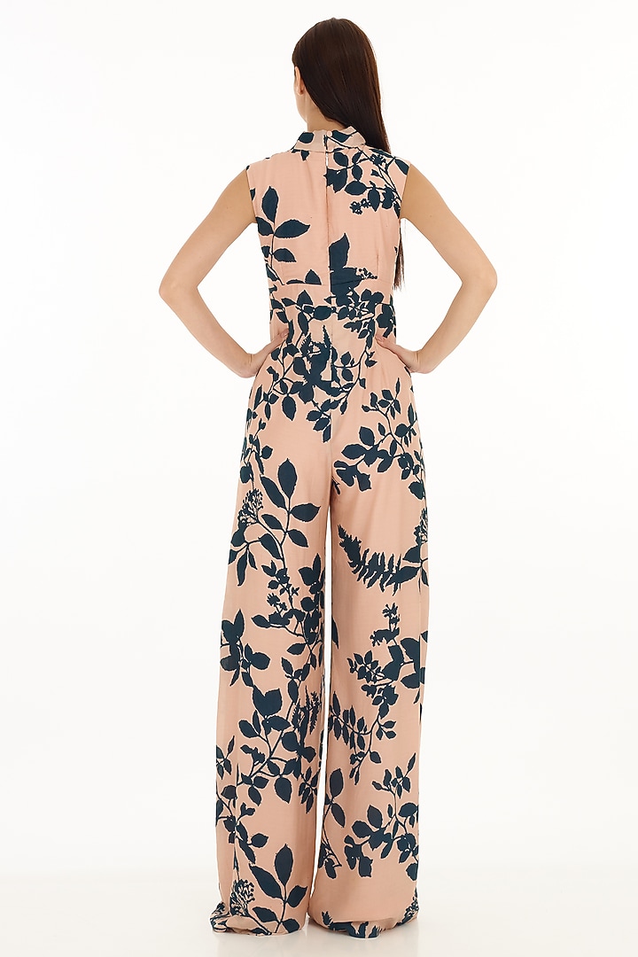 Pink & Teal Muslin Cotton Silk Floral Printed Bow-Tie Jumpsuit by Koai at Pernia's Pop Up Shop