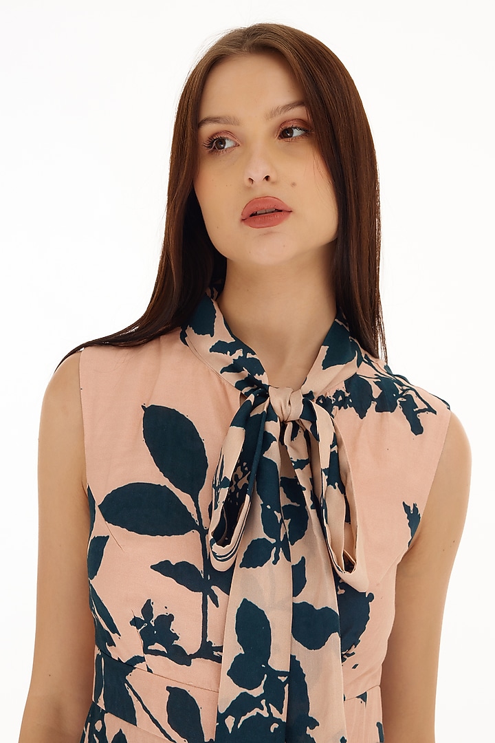 Pink & Teal Muslin Cotton Silk Floral Printed Bow-Tie Jumpsuit by Koai at Pernia's Pop Up Shop