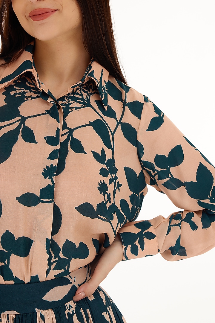 Pink & Teal Muslin Cotton Silk Floral Printed Shirt by Koai at Pernia's Pop Up Shop