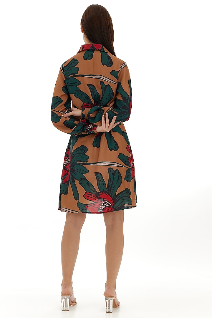 Beige & Green Heavy Cotton Silk Floral Printed Summer Shirt Dress by Koai at Pernia's Pop Up Shop