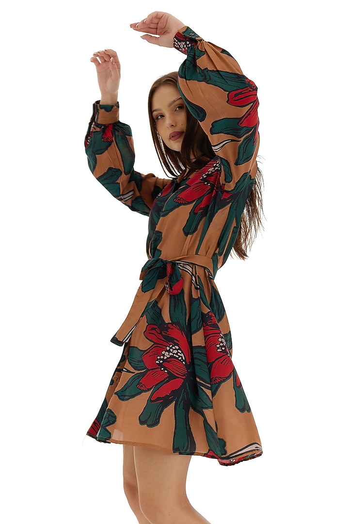 Beige & Green Heavy Cotton Silk Floral Printed Summer Shirt Dress by Koai at Pernia's Pop Up Shop