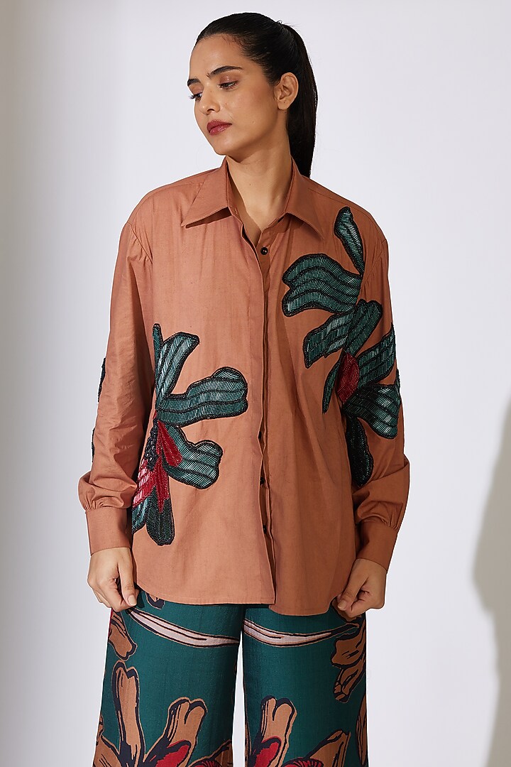 Rust Poplin Cotton Patchwork Shirt by Koai at Pernia's Pop Up Shop