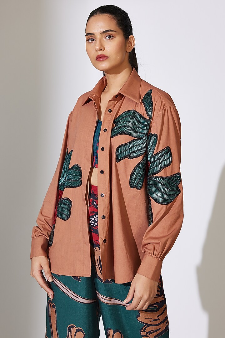 Rust Poplin Cotton Patchwork Shirt by Koai at Pernia's Pop Up Shop