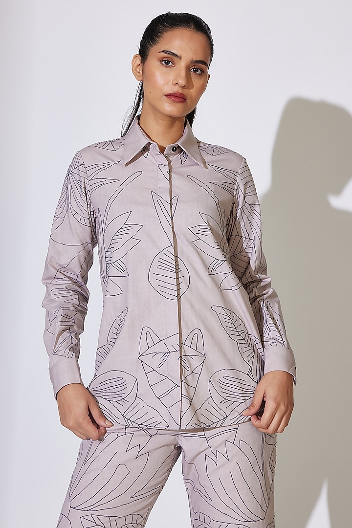 Grey Poplin Cotton Embroidered Shirt by Koai
