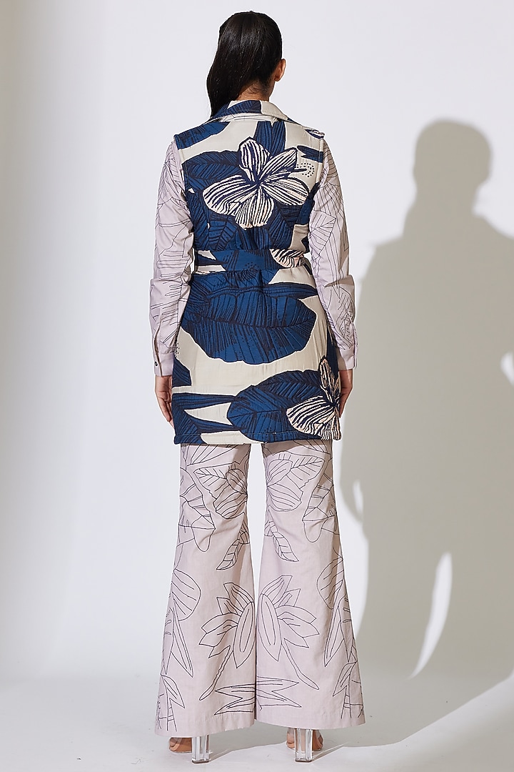 Blue & Grey Heavy Cotton Silk Floral Printed Sleeveless Jacket by Koai at Pernia's Pop Up Shop