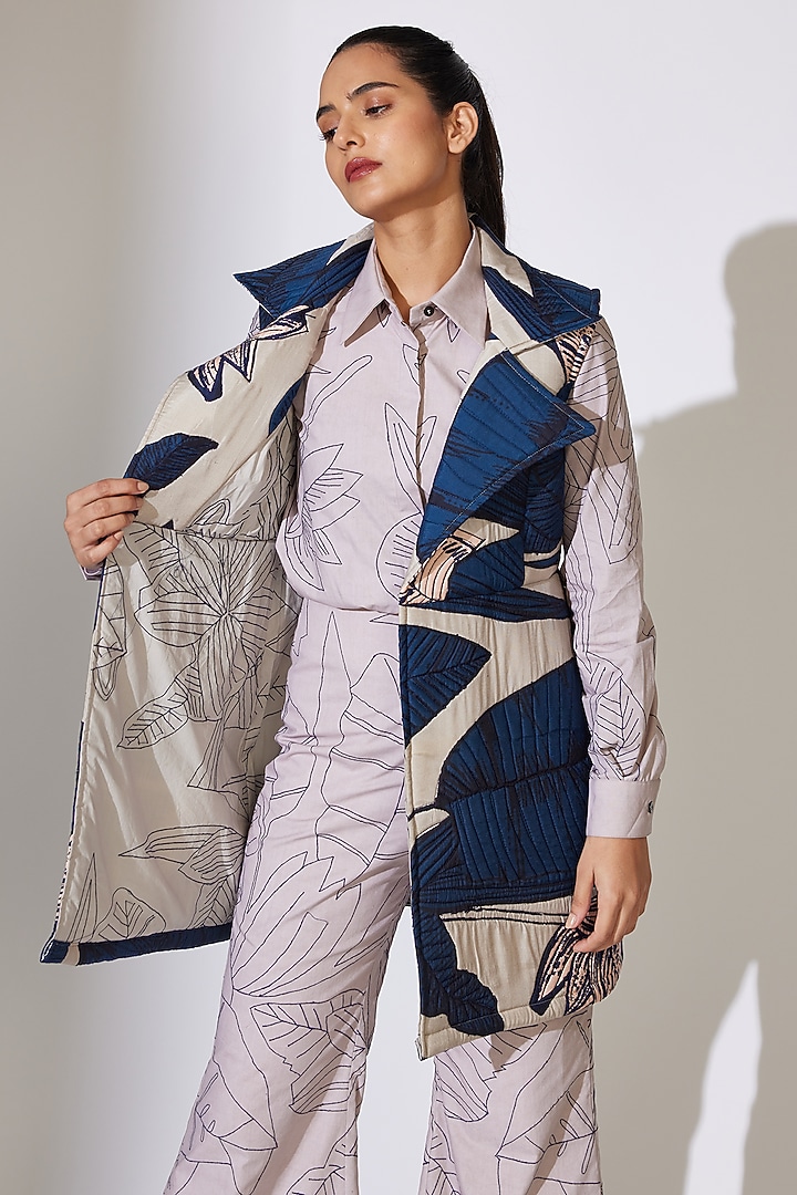 Blue & Grey Heavy Cotton Silk Floral Printed Sleeveless Jacket by Koai at Pernia's Pop Up Shop