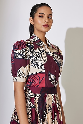 Brown & Off-White Poplin Cotton Floral Printed Shirt by Koai