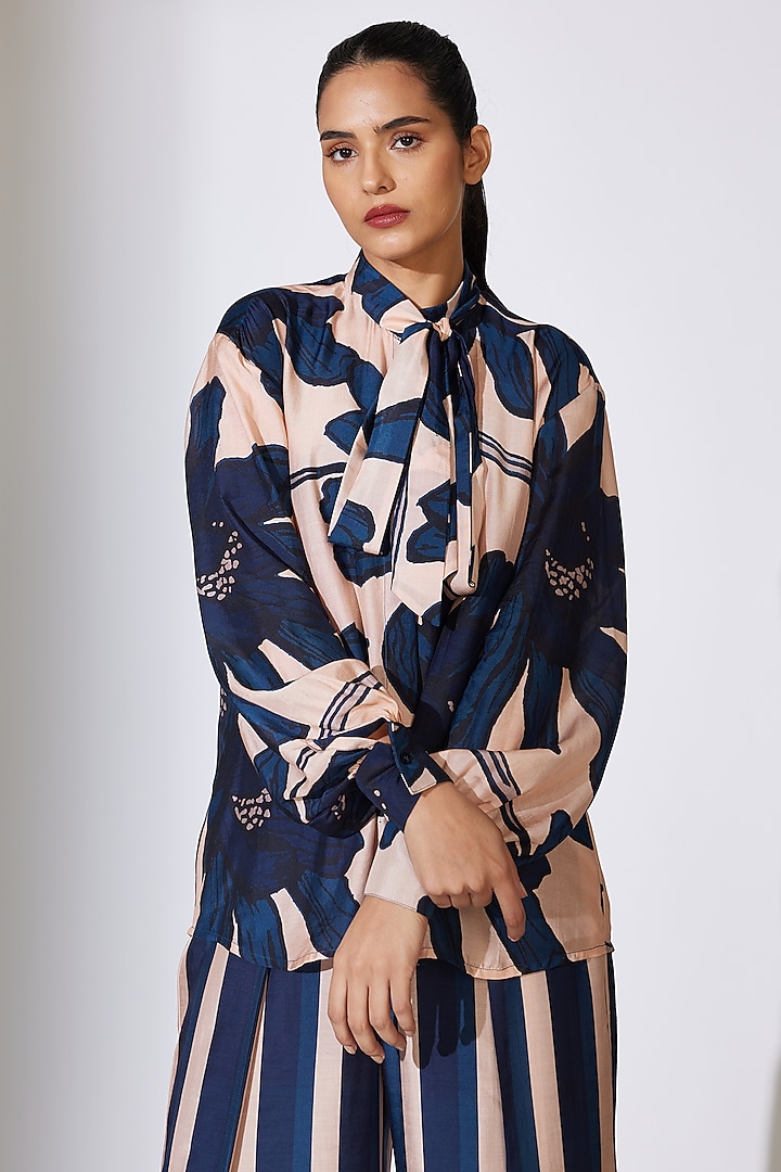 Beige & Blue Heavy Cotton Silk Floral Printed Shirt by Koai at Pernia's Pop Up Shop