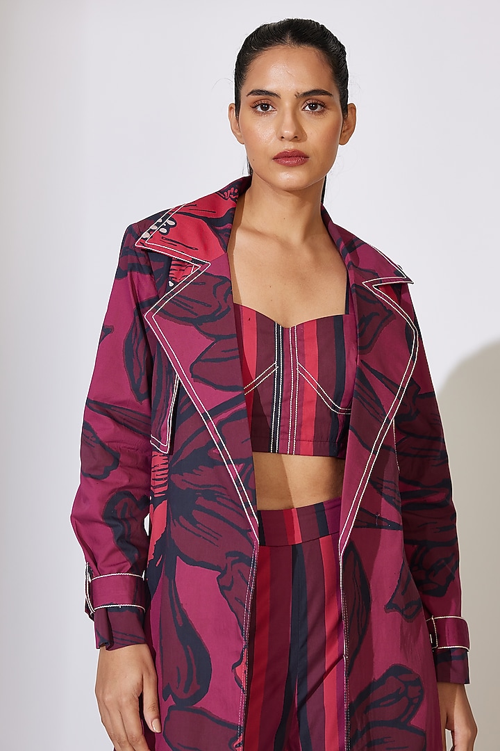 Red & Maroon Poplin Cotton Floral Printed Jacket by Koai at Pernia's Pop Up Shop