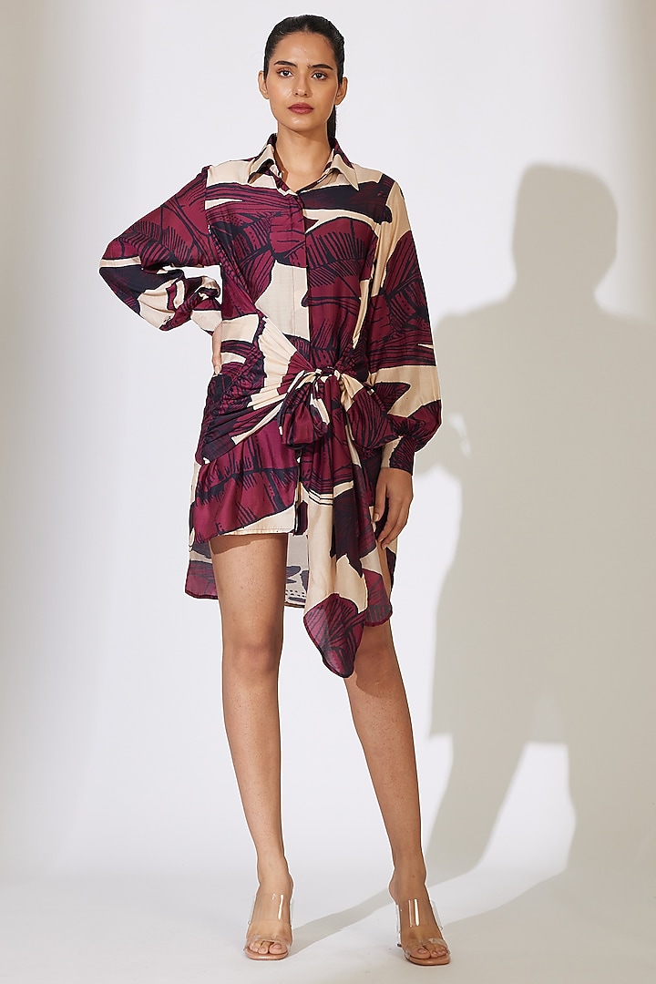 Off-White & Brown Heavy Cotton Silk Floral Printed Wrap Shirt by Koai at Pernia's Pop Up Shop