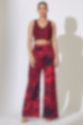Red & Maroon Heavy Cotton Silk Floral Embroidered Pants by Koai
