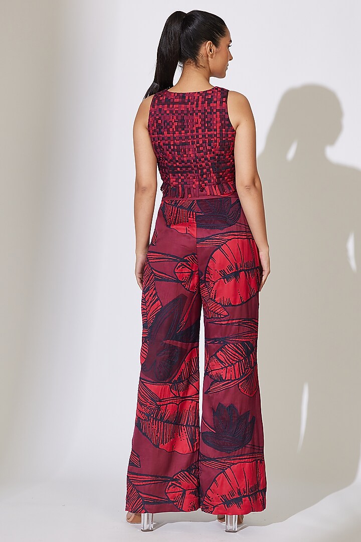 Red & Maroon Heavy Cotton Silk Floral Embroidered Pants by Koai at Pernia's Pop Up Shop