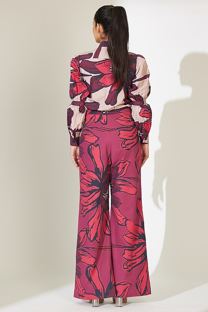 Beige & Maroon Poplin Cotton Floral Printed Shirt by Koai at Pernia's Pop Up Shop