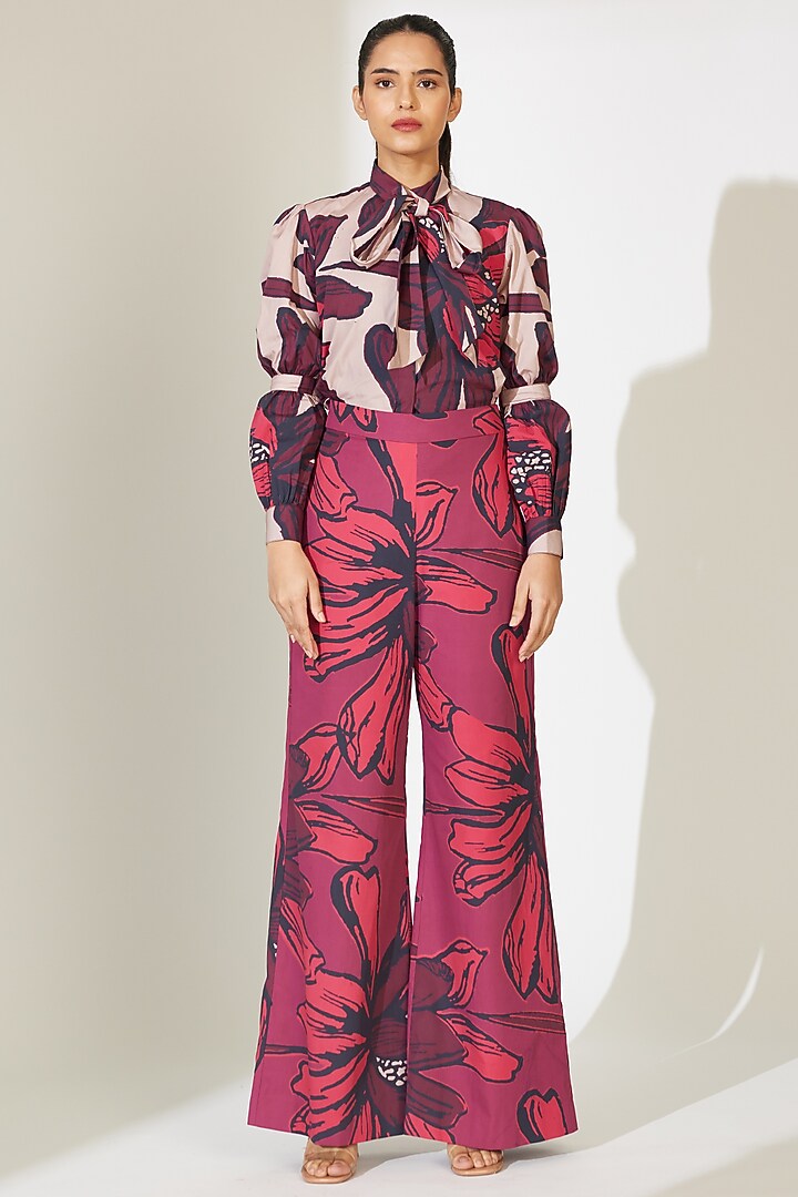 Beige & Maroon Poplin Cotton Floral Printed Shirt by Koai at Pernia's Pop Up Shop