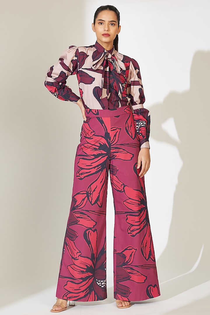 Red & Maroon Poplin Cotton Floral Printed Pants by Koai