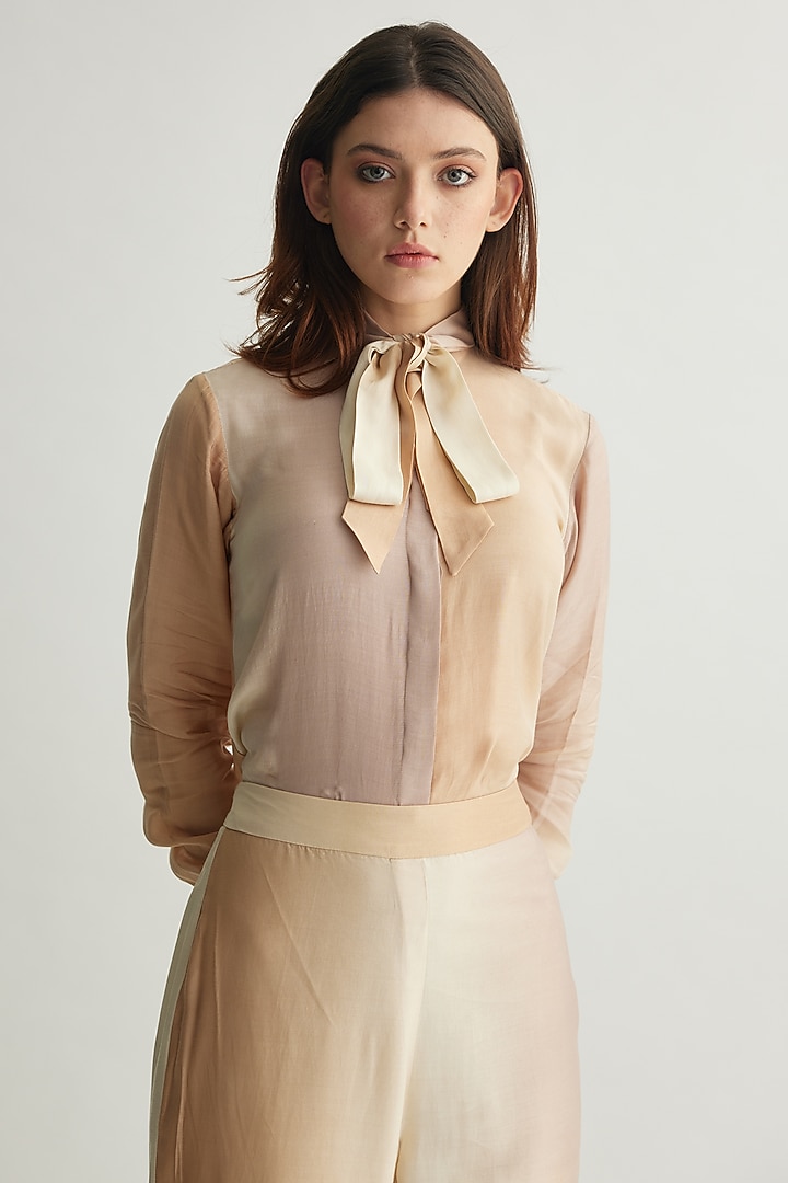 Off-White & Beige Muslin Cotton Silk Ombre Printed Shirt by Koai at Pernia's Pop Up Shop