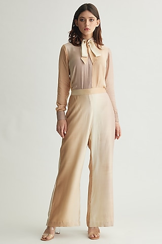 Off-White & Beige Muslin Cotton Silk Ombre Printed Pants by Koai