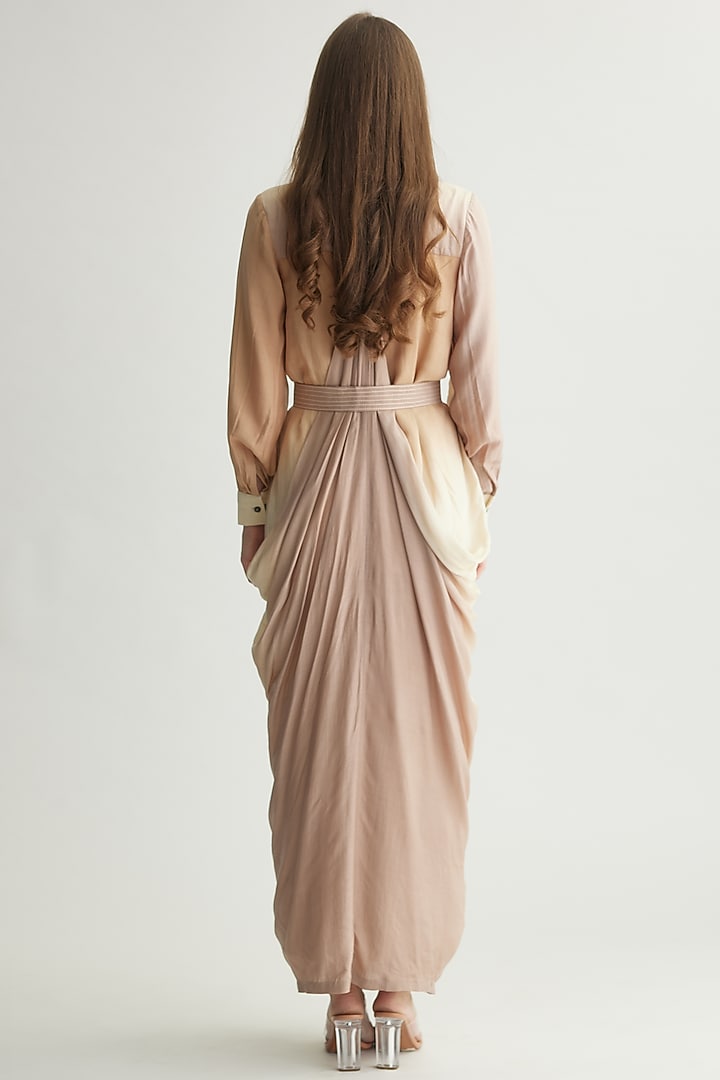 Off-White & Beige Muslin Cotton Silk Ombre Printed Vacation Shirt Dress by Koai at Pernia's Pop Up Shop