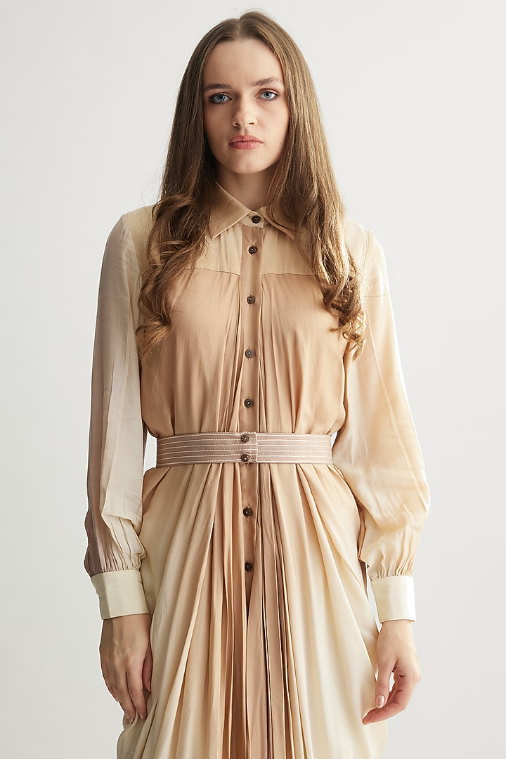 Off-White & Beige Muslin Cotton Silk Ombre Printed Vacation Shirt Dress by Koai at Pernia's Pop Up Shop