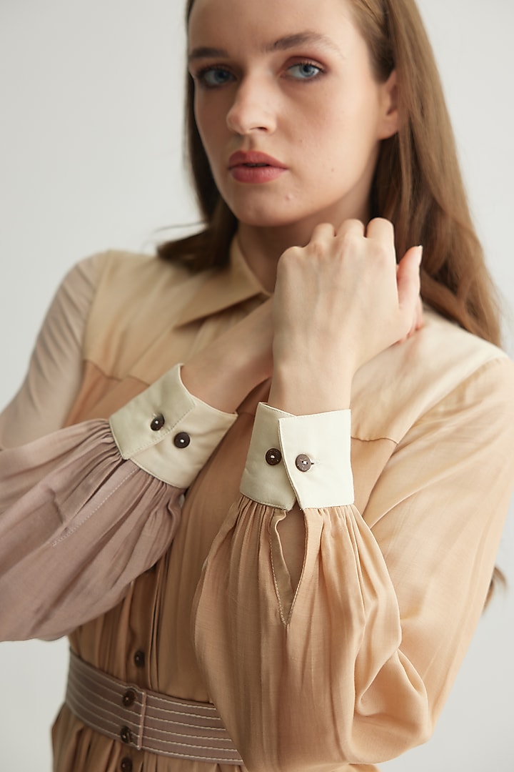 Off-White & Beige Muslin Cotton Silk Ombre Printed Vacation Shirt Dress by Koai at Pernia's Pop Up Shop