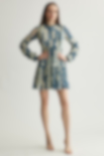 Beige & Blue Chiffon Chevron Printed Mini Vacation Dress by Koai at Pernia's Pop Up Shop