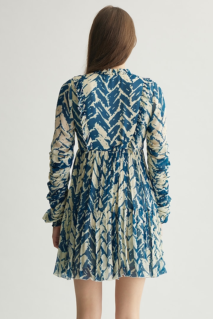 Beige & Blue Chiffon Chevron Printed Mini Vacation Dress by Koai at Pernia's Pop Up Shop