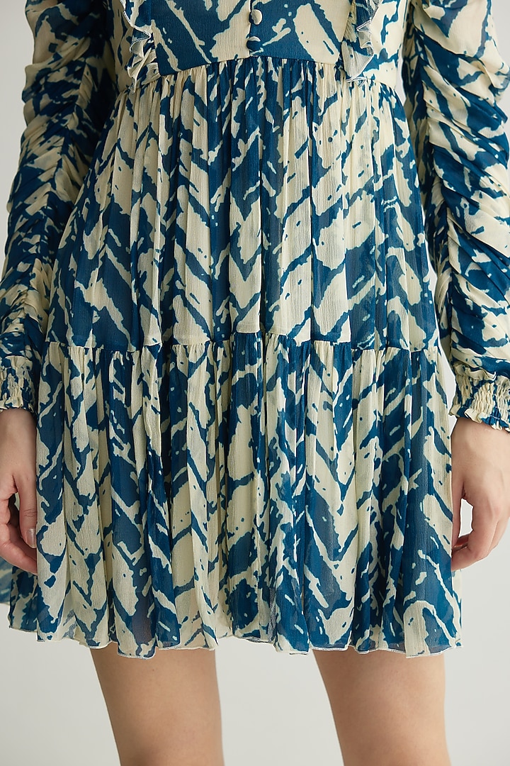 Beige & Blue Chiffon Chevron Printed Mini Vacation Dress by Koai at Pernia's Pop Up Shop