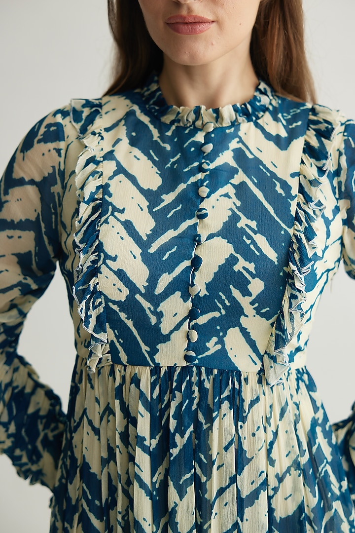 Beige & Blue Chiffon Chevron Printed Mini Vacation Dress by Koai at Pernia's Pop Up Shop