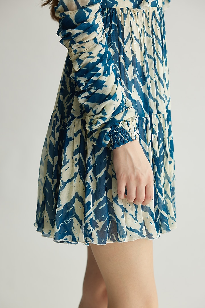 Beige & Blue Chiffon Chevron Printed Mini Vacation Dress by Koai at Pernia's Pop Up Shop