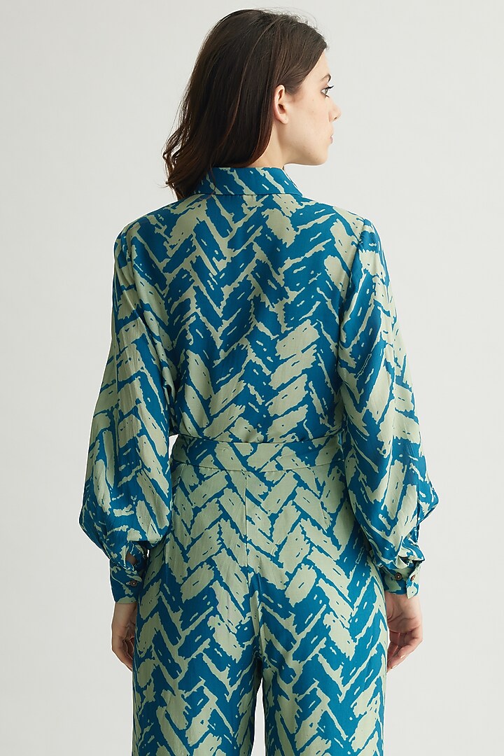 Aqua Blue Muslin Cotton Silk Chevron Printed Shirt by Koai at Pernia's Pop Up Shop