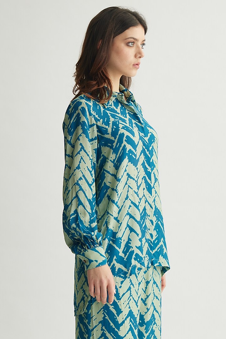 Aqua Blue Muslin Cotton Silk Chevron Printed Shirt by Koai at Pernia's Pop Up Shop