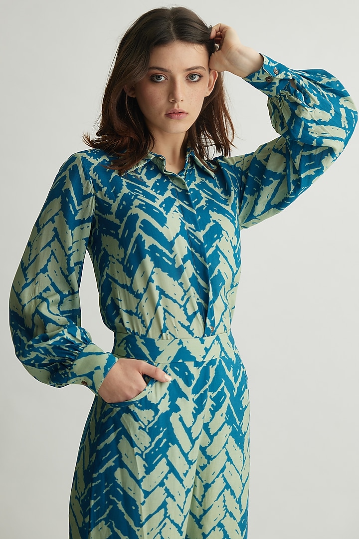 Aqua Blue Muslin Cotton Silk Chevron Printed Shirt by Koai at Pernia's Pop Up Shop