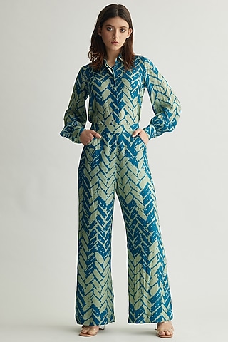 Aqua Blue Muslin Cotton Silk Chevron Printed Pants by Koai