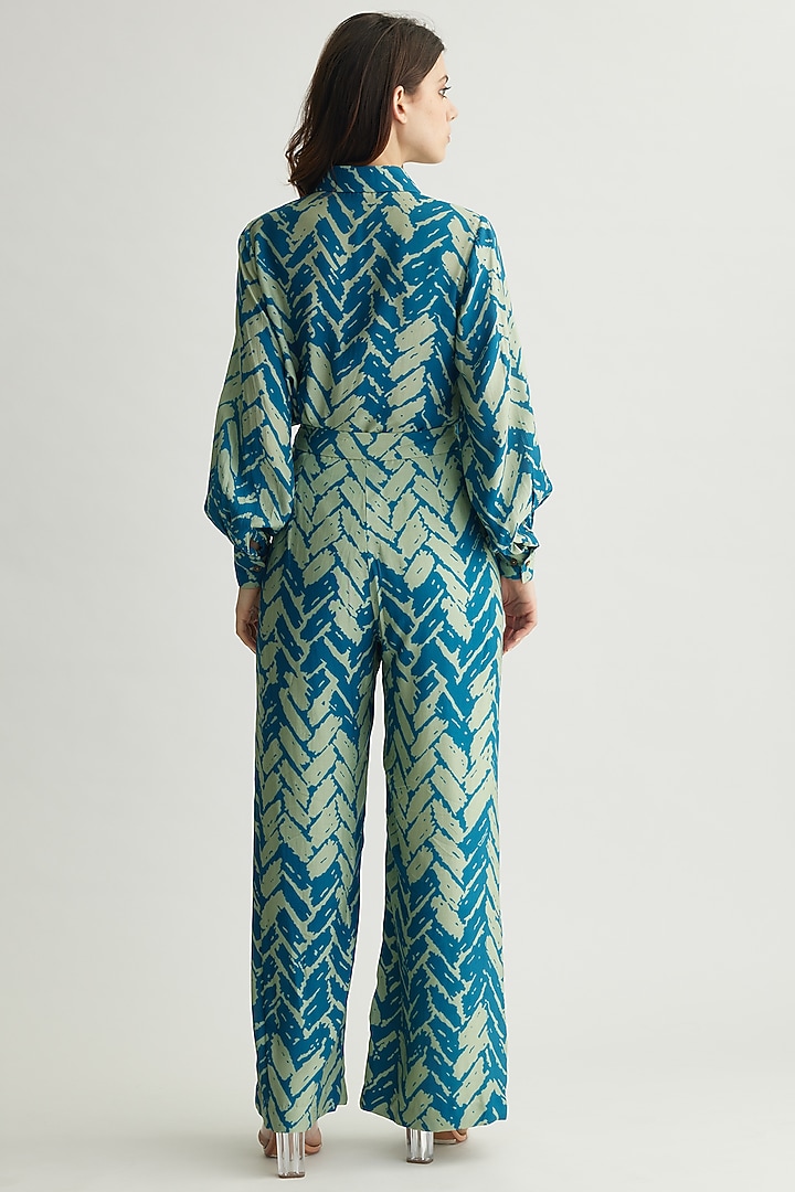 Aqua Blue Muslin Cotton Silk Chevron Printed Pants by Koai at Pernia's Pop Up Shop