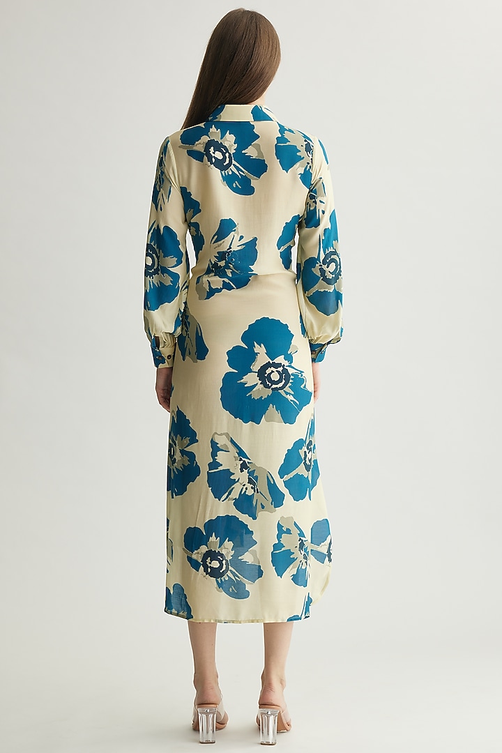 White & Blue Muslin Cotton Silk Floral Wrap Summer Shirt Dress by Koai at Pernia's Pop Up Shop