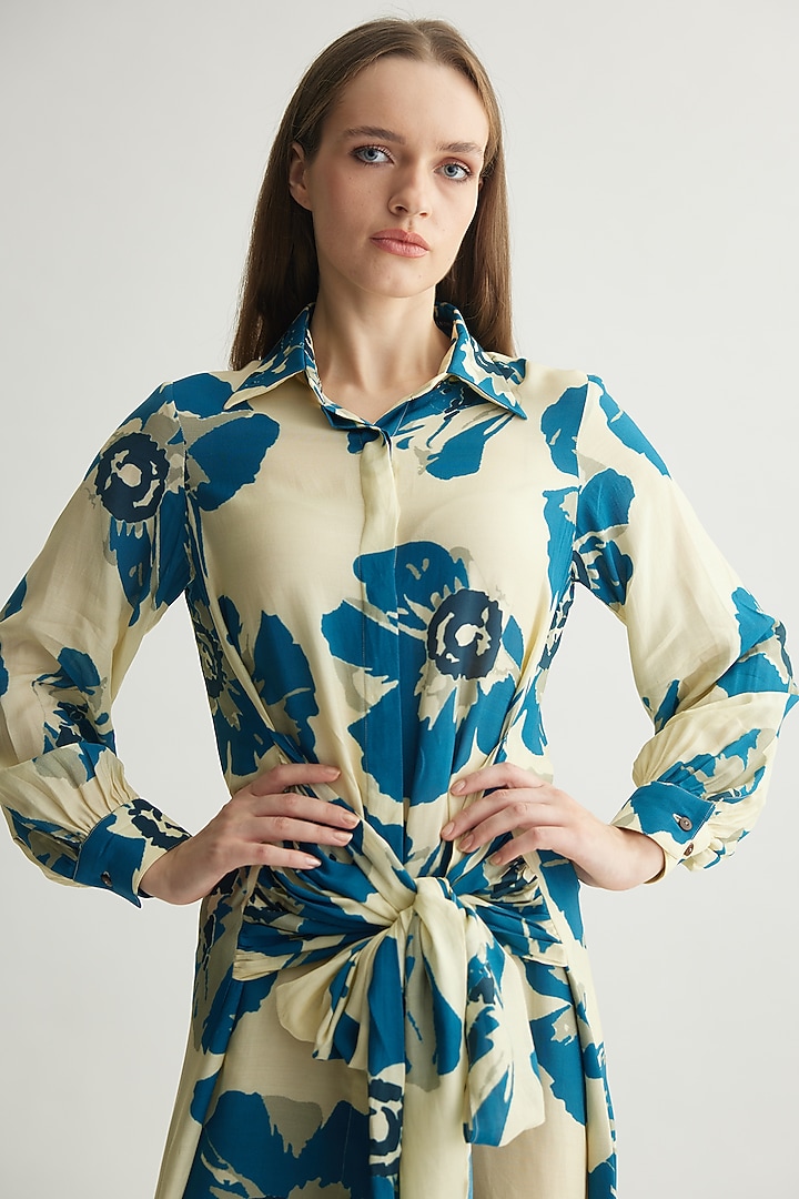 White & Blue Muslin Cotton Silk Floral Wrap Summer Shirt Dress by Koai at Pernia's Pop Up Shop