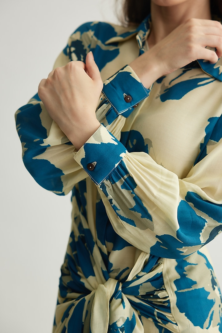 White & Blue Muslin Cotton Silk Floral Wrap Summer Shirt Dress by Koai at Pernia's Pop Up Shop