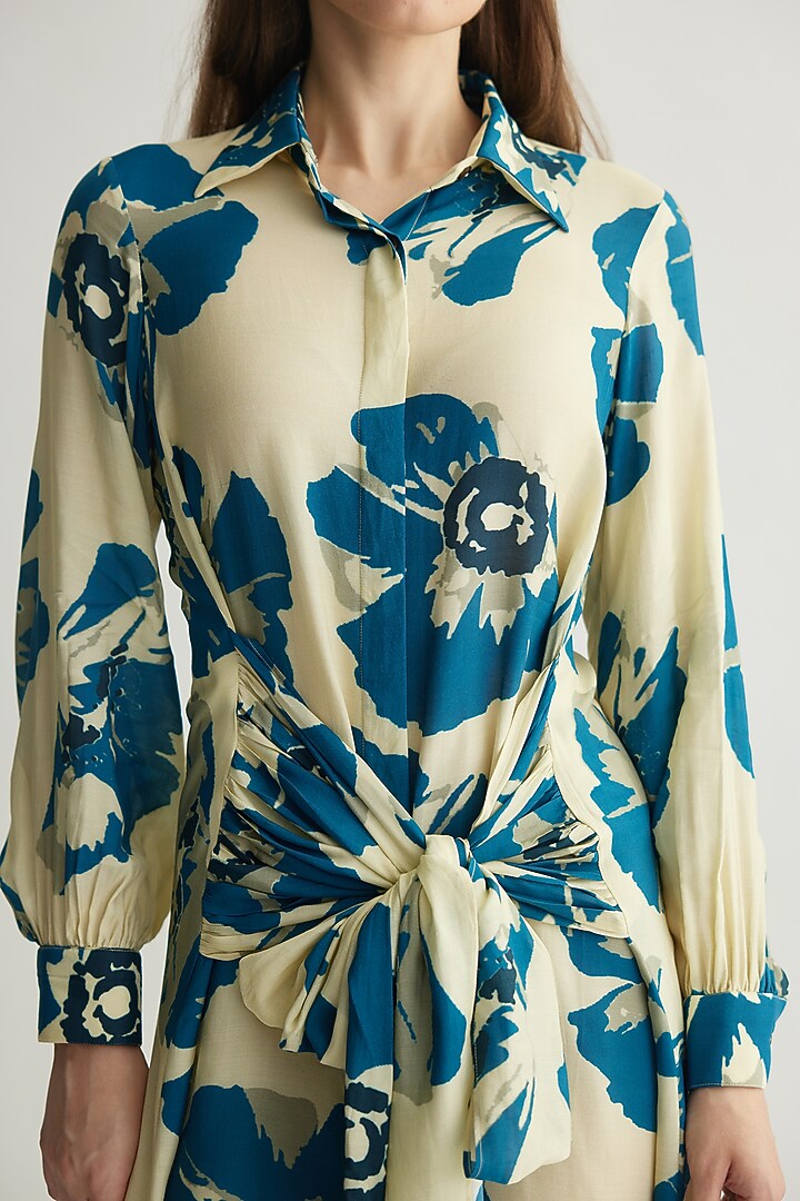 White & Blue Muslin Cotton Silk Floral Wrap Summer Shirt Dress by Koai at Pernia's Pop Up Shop