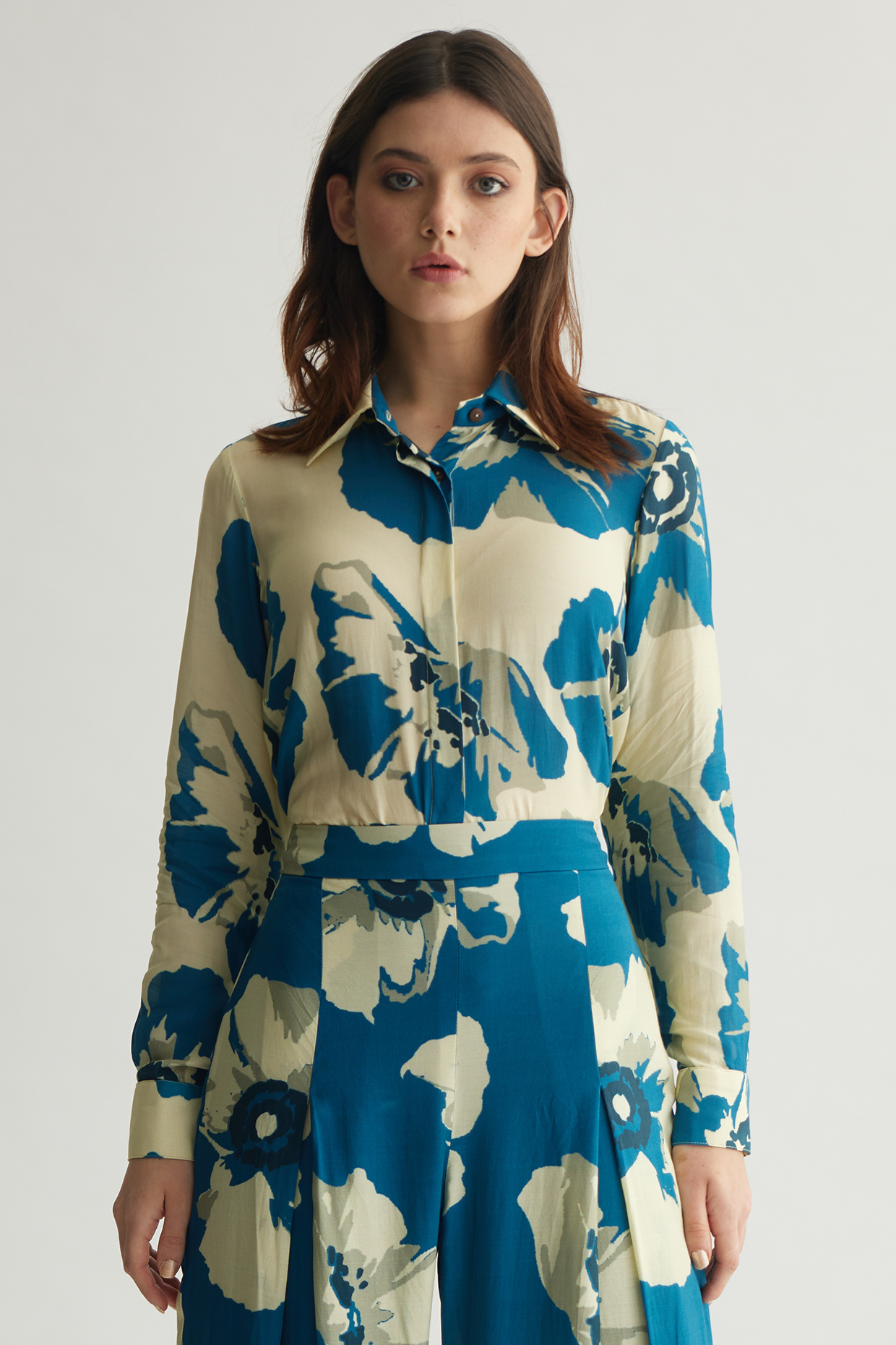White & Blue Muslin Cotton Silk Floral Shirt by Koai at Pernia's Pop Up Shop