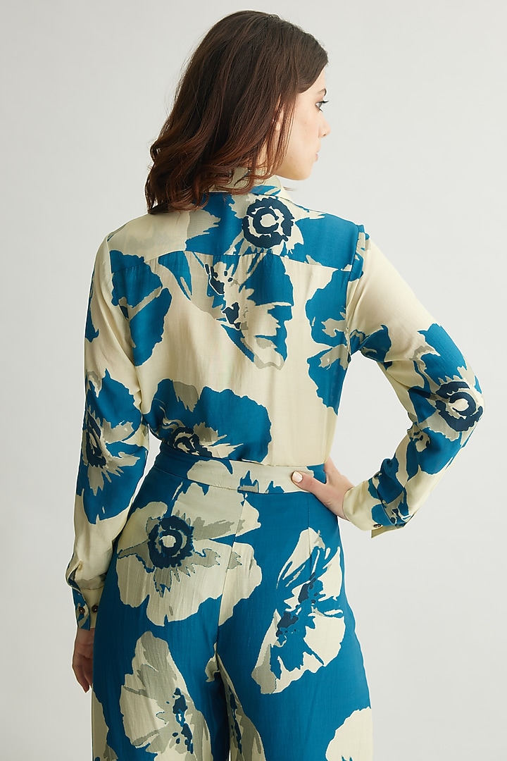 White & Blue Muslin Cotton Silk Floral Shirt by Koai at Pernia's Pop Up Shop