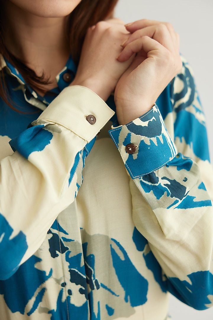 White & Blue Muslin Cotton Silk Floral Shirt by Koai at Pernia's Pop Up Shop